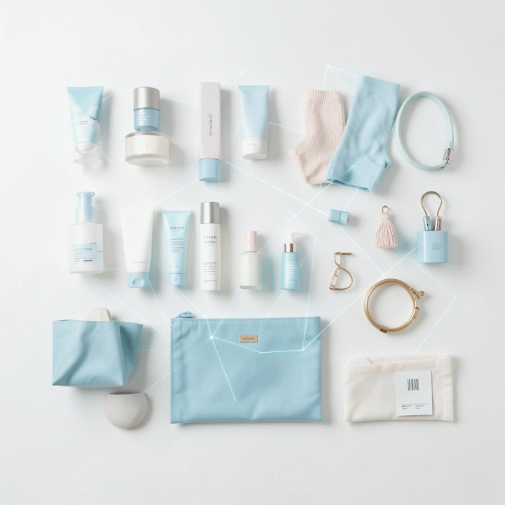 Komposisi flat lay produk yang sangat beragam namun tetap konsisten secara gaya, menunjukkan hasil visualisasi aset massal yang terencana.