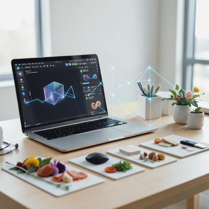 Tampilan ruang kerja digital modern dengan laptop menampilkan antarmuka AI untuk kreasi aset visual, dikelilingi oleh mockups produk yang konsisten dan profesional.