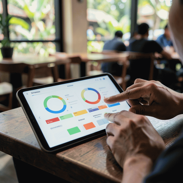 Tangan menunjuk pada antarmuka perencanaan digital yang abstrak di kafe, menunjukkan fitur organisasi waktu tanpa teks yang dapat dibaca.
