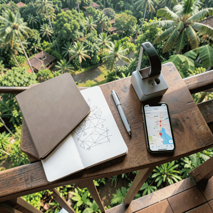 Tampilan dari atas (flat lay) meja kerja perjalanan yang tertata rapi di balkon tropis, berisi jurnal, planner, dan gadget, menunjukkan rencana perjalanan terstruktur.