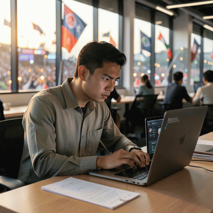 Seorang pekerja kantoran Indonesia yang fokus bekerja di laptop dalam suasana co-working space yang modern, menunjukkan strategi menjaga produktivitas saat ada distraksi besar.