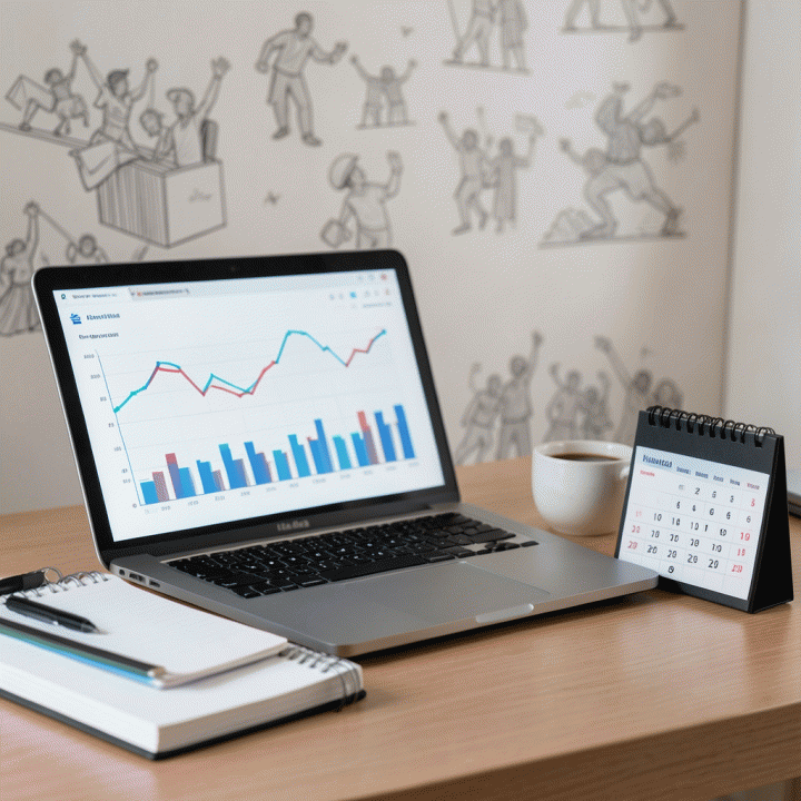 Meja kerja yang sangat rapi dan terorganisir dengan alat tulis dan laptop, melambangkan fokus dan perencanaan saat bekerja dari rumah atau kantor.