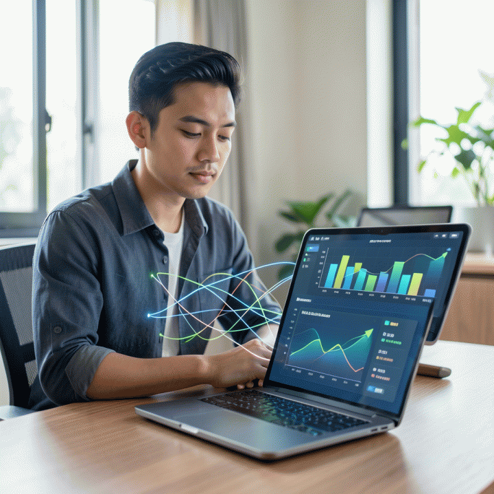 Seorang profesional muda Indonesia yang tampak lega dan fokus melihat dashboard keuangan digital di mejanya, melambangkan kebebasan dari utang.