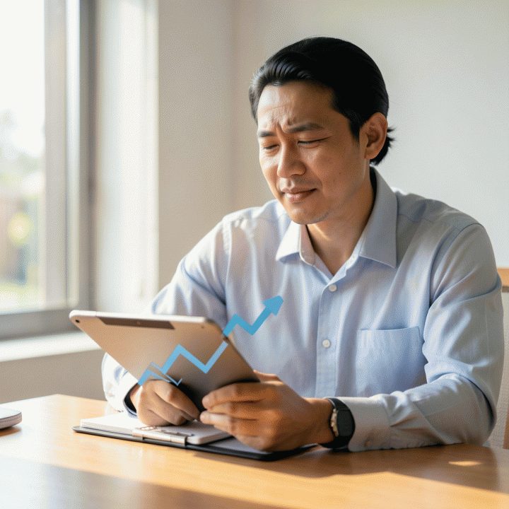 Ilustrasi profesional seorang individu yang tenang dan percaya diri sedang meninjau rencana keuangan di meja kerja modern, melambangkan penguasaan dan strategi mengatasi utang.