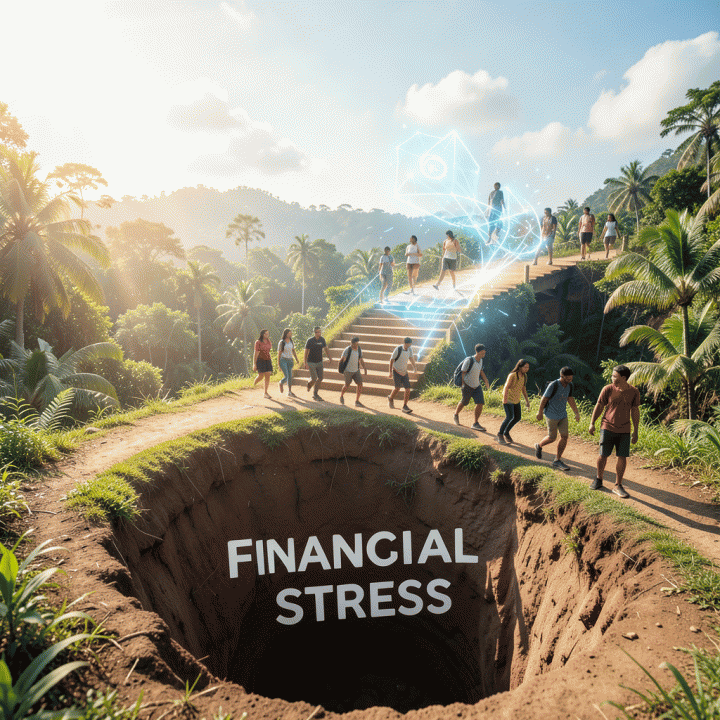 Visualisasi metaforis keluarga atau pekerja muda yang berjalan menaiki tangga menuju kebebasan finansial, meninggalkan kesulitan utang.