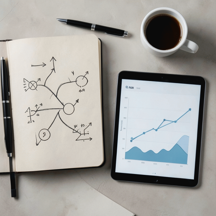Perlengkapan perencanaan keuangan yang tertata rapi, termasuk buku catatan dan tablet yang menunjukkan diagram keuangan abstrak.