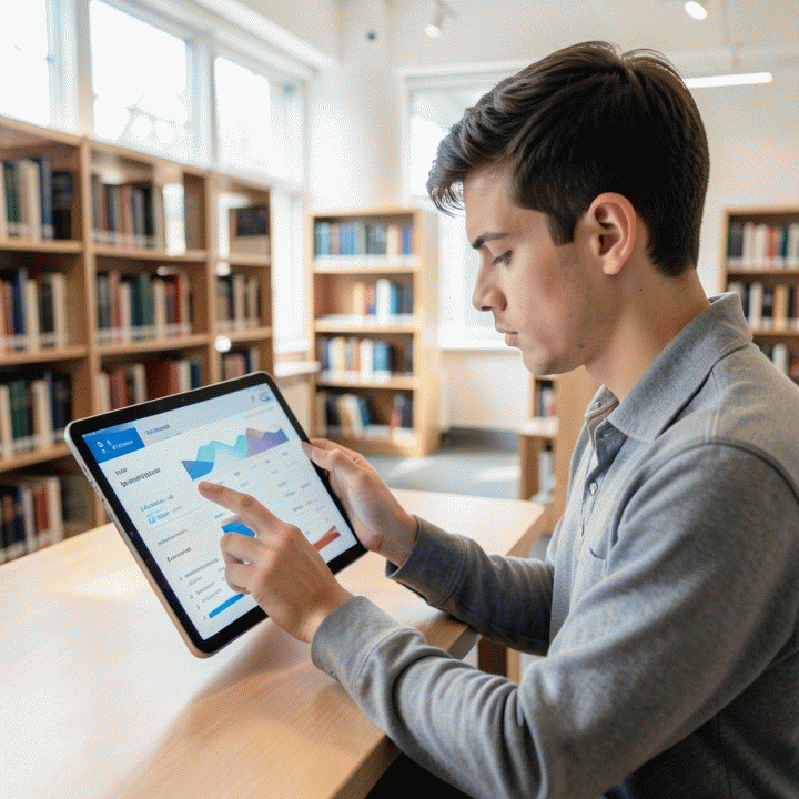 Seorang mahasiswa muda sedang melakukan self-assessment kognitif menggunakan tablet di lingkungan perpustakaan yang modern, menunjukkan proses introspeksi dan evaluasi kemampuan penalaran.