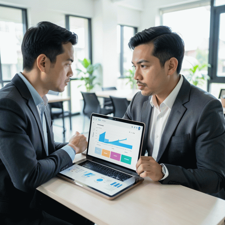 Seorang pencari kerja profesional sedang melihat dasbor digital yang terorganisir di tablet, menampilkan visualisasi progres tahapan lamaran kerja secara abstrak di lingkungan kerja modern yang cerah.
