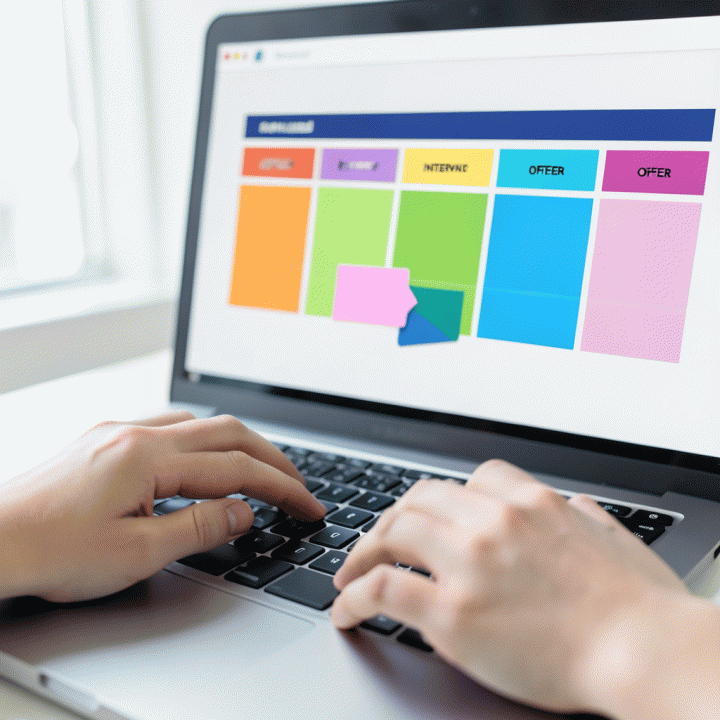 Tangan profesional yang sedang memindahkan status lamaran kerja digital pada papan visualisasi Kanban di laptop.