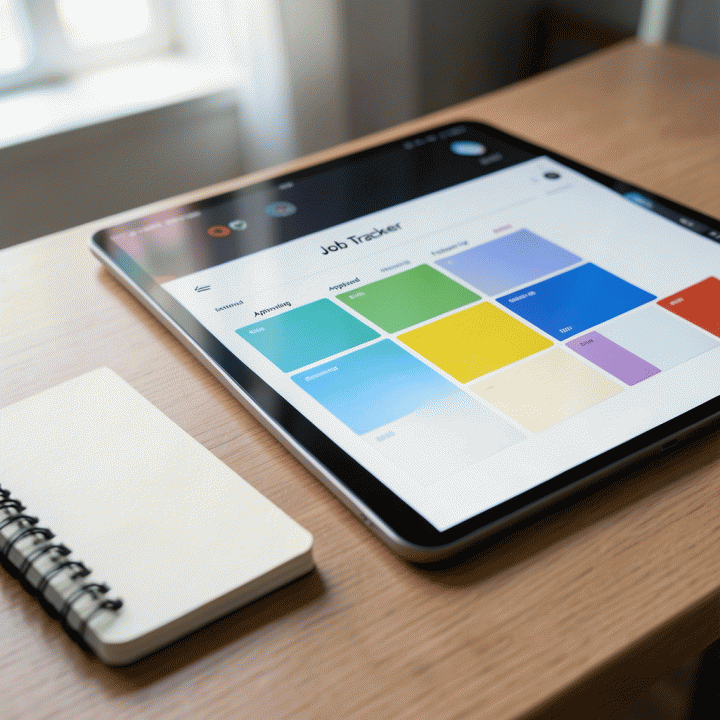 Detail meja kerja menunjukkan papan digital abstrak dengan sistem status pelacakan lamaran kerja yang terorganisir (Kanban board), fokus pada alur visualisasi progres.