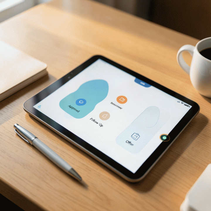 Tampilan close-up dari tablet yang menampilkan antarmuka pelacak lamaran kerja yang rapi dan terorganisir, diletakkan di atas meja kerja yang minimalis.
