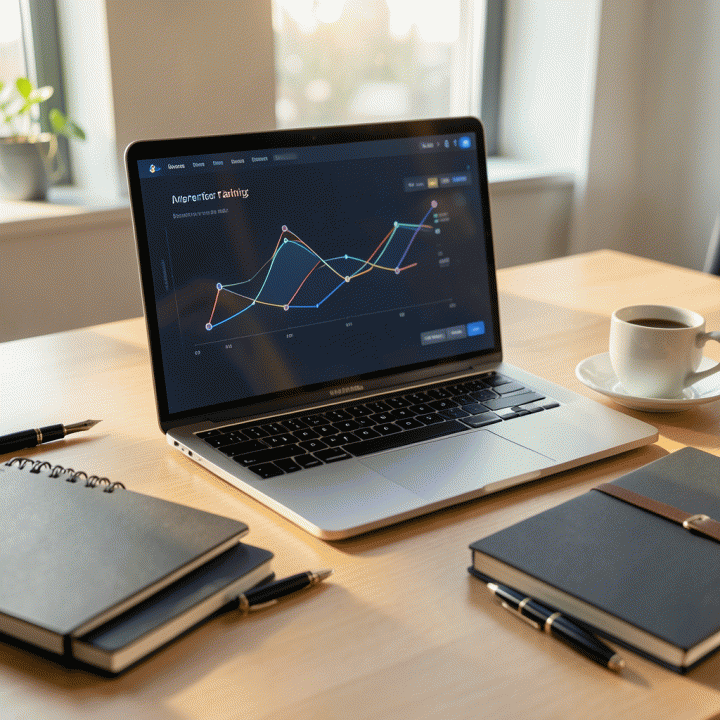 Tampilan meja kerja modern yang terorganisir dengan laptop menampilkan visualisasi data pelacakan karir dan perencanaan profesional di latar depan. Suasana menunjukkan fokus dan produktivitas tinggi.