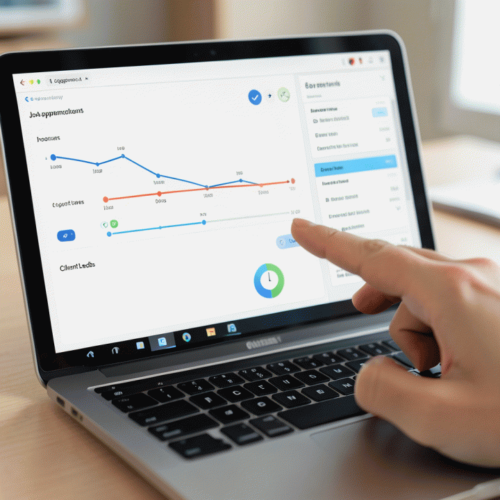 Tampilan detail dashboard digital yang menunjukkan pelacakan prospek dan lamaran kerja secara terorganisir pada layar laptop.