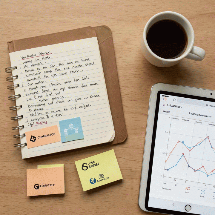 Flat lay alat tempur job hunter yang terdiri dari jurnal fisik, kartu catatan berwarna, dan planner digital, menekankan strategi manajemen prospek karir.