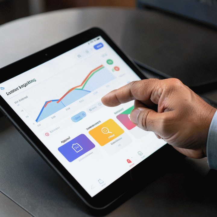 Tangan profesional berinteraksi dengan tablet yang menampilkan dasbor pelacakan lamaran kerja dengan status dan progres visual abstrak.