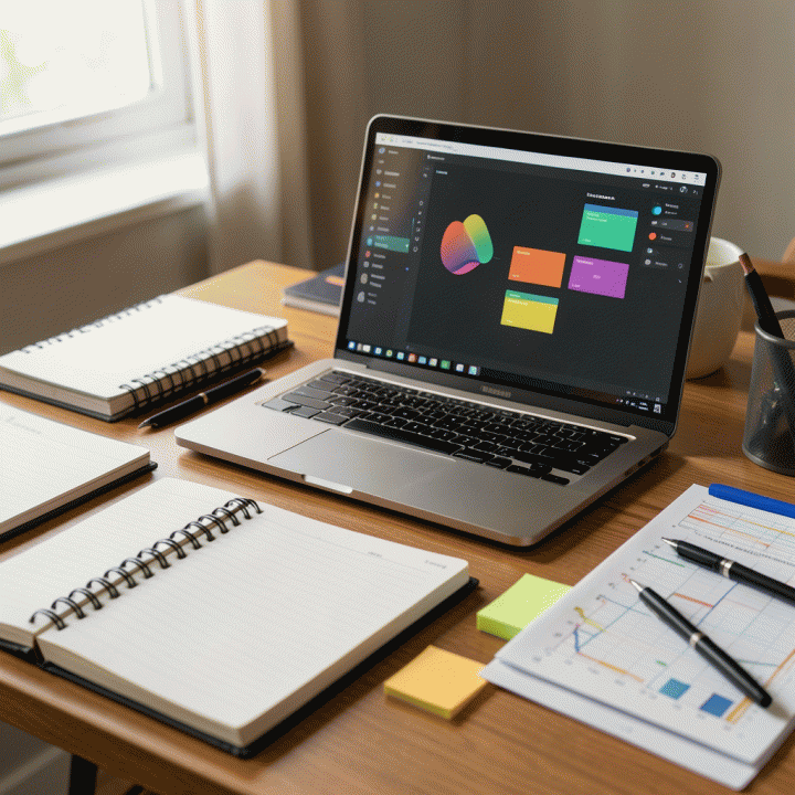 Pandangan atas meja kerja yang rapi dan terorganisir dengan jurnal perencanaan karir, laptop menampilkan dashboard manajemen proyek abstrak, melambangkan pelacakan lamaran kerja yang sistematis dan efektif.