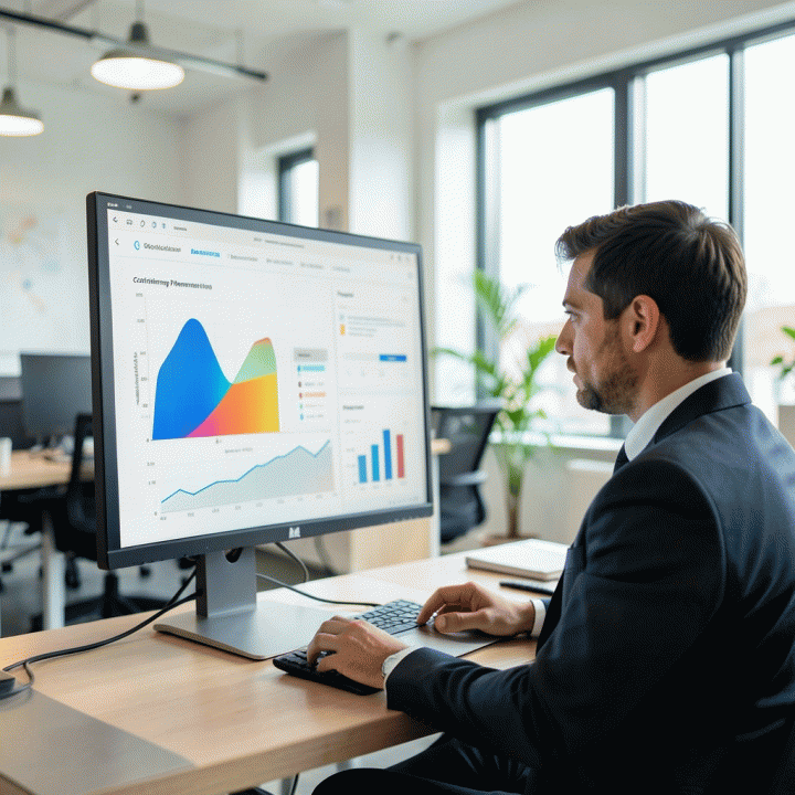 Seorang profesional di kantor modern meninjau dashboard data visualisasi yang menunjukkan tren efektivitas mencari kerja dan mengidentifikasi prospek terbaik.