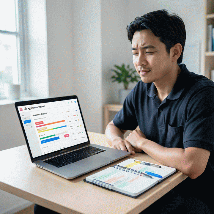 Profesional muda Indonesia yang bekerja di meja modern dengan laptop menampilkan dashboard aplikasi pelacak lamaran kerja (Job Application Tracker) yang rapi dan terorganisir, melambangkan manajemen karir yang efisien.