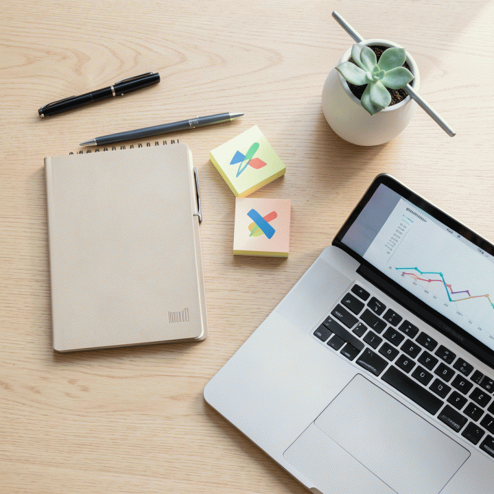 Komposisi overhead dari alat-alat produktivitas di atas meja minimalis: buku catatan berwarna, pensil warna, dan laptop yang menampilkan grafik kemajuan karir yang rapi.