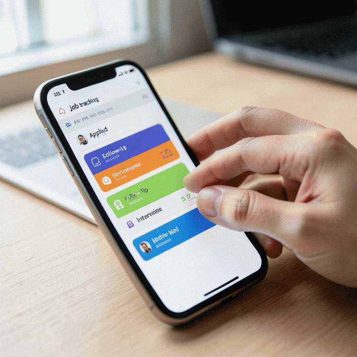 Tangan profesional memegang smartphone yang menampilkan antarmuka aplikasi pelacak lamaran kerja yang bersih dan berwarna-warni.