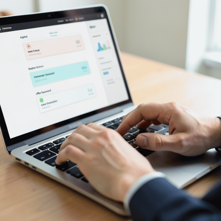 Tangan sedang mengetik di laptop yang menampilkan dashboard pelacakan status lamaran kerja yang terorganisir.