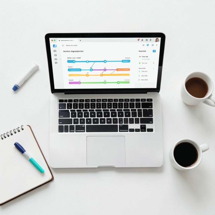 Tampilan meja kerja bersih dengan laptop yang menampilkan dashboard manajemen prospek dan daftar tugas tindak lanjut (follow-up).
