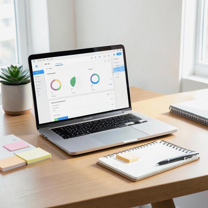 Foto meja kerja profesional yang terorganisir dengan laptop menampilkan dashboard pelacakan lamaran (tracker) serta buku catatan fisik dan sticky notes, melambangkan manajemen karir yang sistematis.
