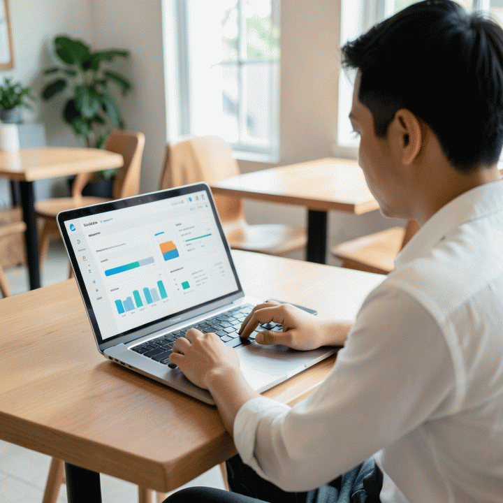 Profesional muda sedang fokus menggunakan laptop di kafe yang menampilkan dashboard pelacakan profesionalisme dan progres karir.