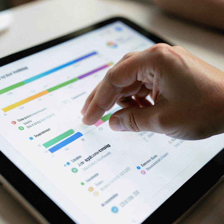 Tangan berinteraksi dengan dashboard digital abstrak yang menunjukkan pelacakan lamaran kerja dan status prospek yang terorganisir.