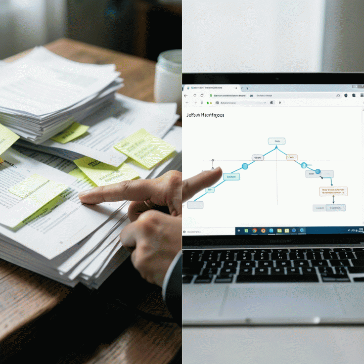 Perbandingan antara kekacauan melacak lamaran kerja manual dengan solusi digital yang terorganisir.
