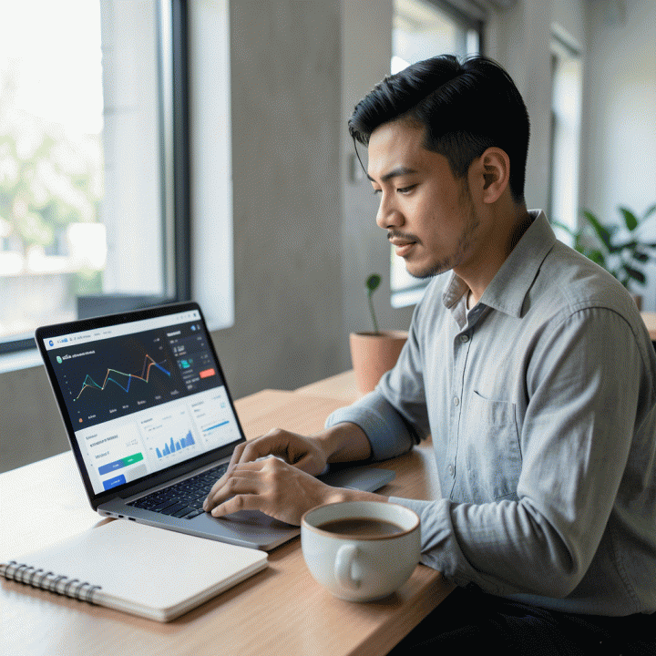Seorang pencari kerja profesional yang fokus menggunakan laptop di ruang kerja modern, menampilkan antarmuka dashboard manajemen karir yang terorganisir dan visual.