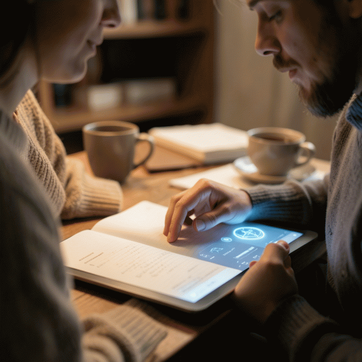 Seseorang sedang merefleksikan diri dan menulis jurnal di tablet modern dengan bantuan antarmuka AI yang bercahaya, menciptakan suasana tenang dan fokus.