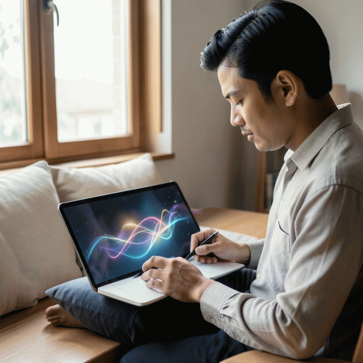 Seorang profesional muda Indonesia sedang melakukan jurnal reflektif di tablet atau jurnal modern, dikelilingi oleh suasana tenang dan aman, melambangkan privasi data pribadi dengan bantuan AI.
