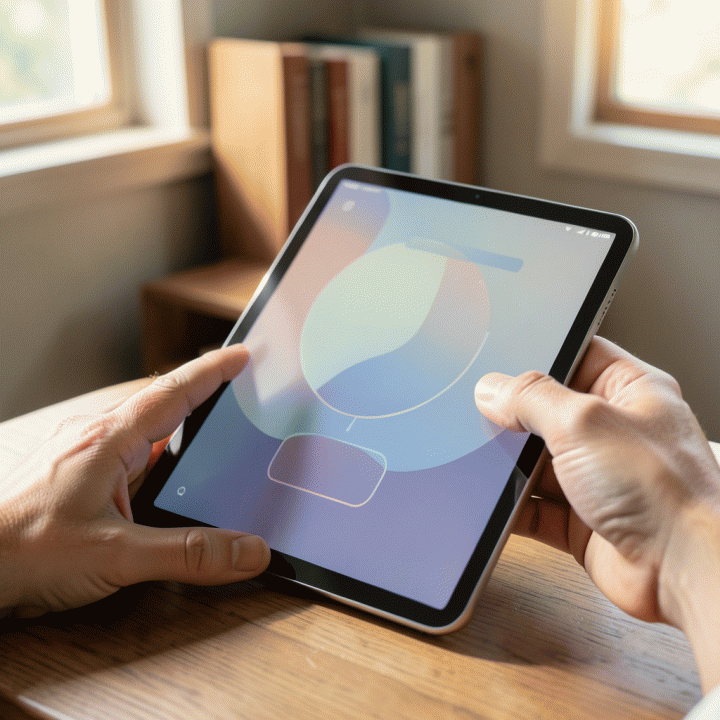 Tangan seseorang berinteraksi dengan antarmuka tablet yang abstrak dan aman, menunjukkan proses penjurnalan pribadi yang privat.