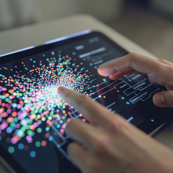 Tangan berinteraksi dengan antarmuka AI yang secara visual menunjukkan proses transformasi pikiran yang kacau menjadi struktur data yang rapi dan terorganisir.