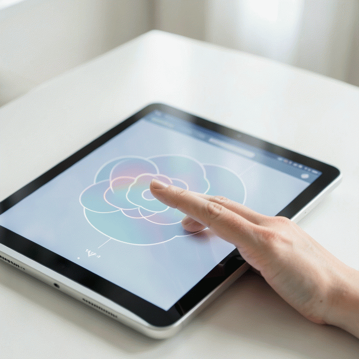 Tangan yang berinteraksi dengan antarmuka jurnal digital yang menampilkan visualisasi suasana hati yang abstrak, menunjukkan kemudahan penggunaan.