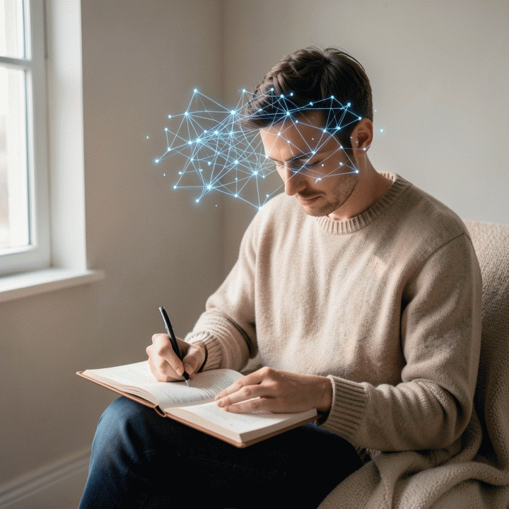 Seorang individu sedang menulis jurnal di sudut ruangan yang tenang, dengan visualisasi abstrak data digital yang bercahaya mengelilingi pikiran mereka, melambangkan organisasi pikiran yang berantakan oleh AI.