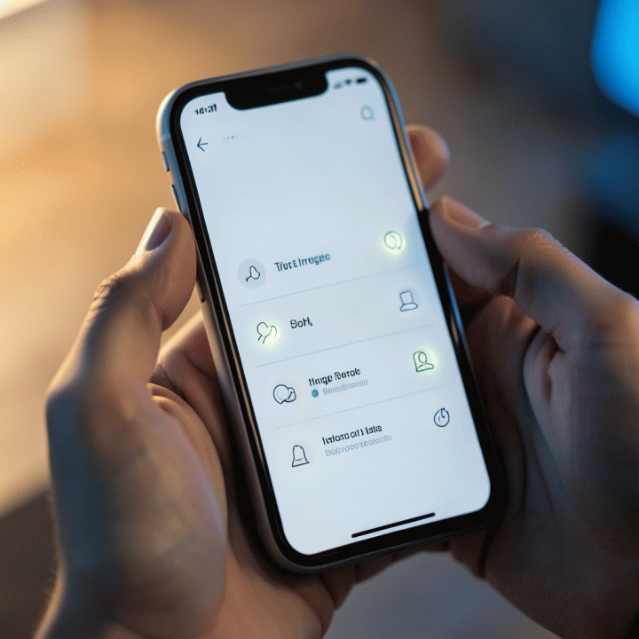 Tangan yang berinteraksi dengan antarmuka aplikasi jurnal minimalis di smartphone, menunjukkan berbagai mode input (suara, teks, gambar) dengan desain abstrak yang bersih dan terstruktur.