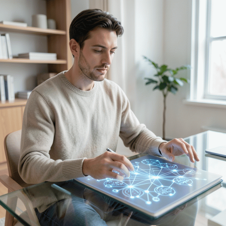 Seseorang sedang menggunakan antarmuka jurnal digital futuristik, mengubah pikiran yang berantakan menjadi struktur yang terorganisir dan jernih.