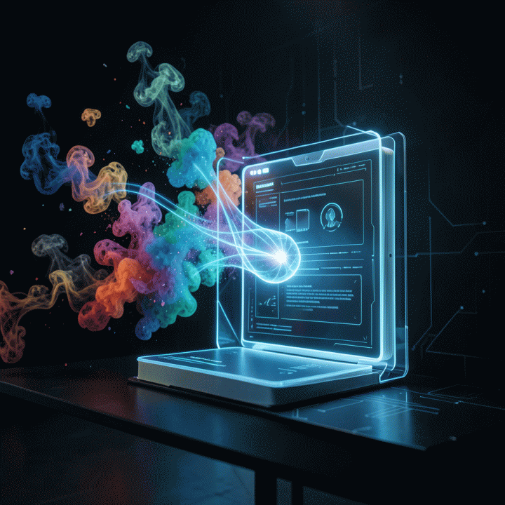 Visual metafora yang menggambarkan pikiran yang berantakan dan kacau (smoke/particles) yang secara bertahap diserap dan diubah menjadi catatan yang terstruktur dan rapi dalam antarmuka digital.