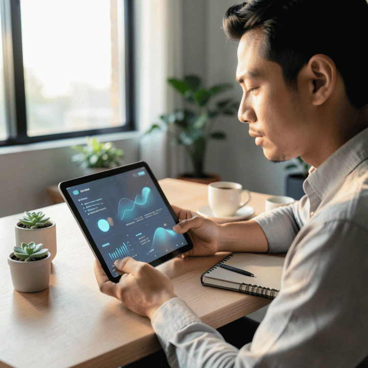 Visualisasi seorang profesional muda yang tenang dan fokus di meja kerja modern, menggunakan tablet digital yang menampilkan visualisasi data abstrak dan menenangkan untuk membantu kejernihan mental dan organisasi pikiran.