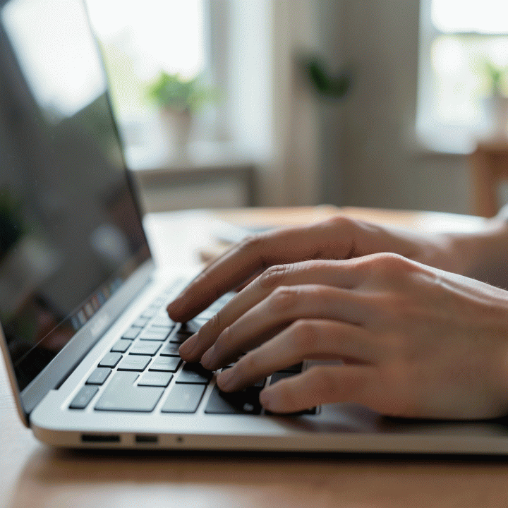 Close-up tangan yang sedang mengetik dengan mudah di laptop modern, melambangkan proses mencatat pikiran yang berantakan menjadi terstruktur.
