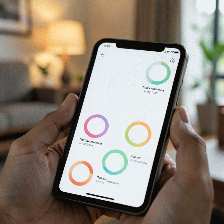 Tampilan antarmuka jurnal ibadah digital yang modern dan minimalis pada tablet, menunjukkan progres harian kegiatan spiritual dengan visualisasi ring dan grafik lingkaran warna-warni di latar ruangan yang nyaman.