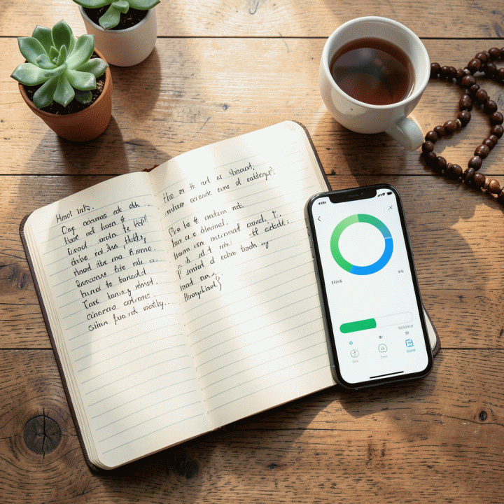 Tata letak flat lay yang estetik di atas meja kayu: jurnal fisik berisi catatan harian dan smartphone menampilkan aplikasi tracker ibadah digital, dikelilingi oleh elemen dekorasi spiritual seperti tasbih dan tanaman.