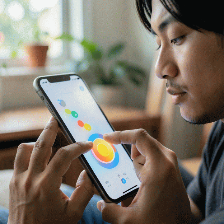 Potret dekat seseorang yang sedang menggunakan smartphone untuk menekan antarmuka aplikasi tracker kebiasaan digital dengan ekspresi fokus dan tenang.