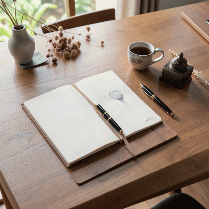 Meja kerja yang tertata rapi dengan jurnal ibadah harian, pulpen, dan dekorasi minimalis bernuansa Islami, melambangkan refleksi dan perencanaan spiritual.