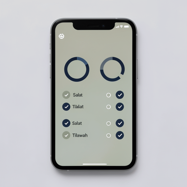 Tampilan antarmuka aplikasi habit tracker ibadah di ponsel, menunjukkan progres spiritual yang tervisualisasi secara modern dan estetik tanpa teks terbaca.