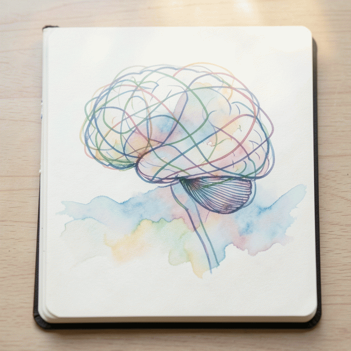Visualisasi abstrak dari pikiran yang kacau menjadi terstruktur dan tenang di atas jurnal.
