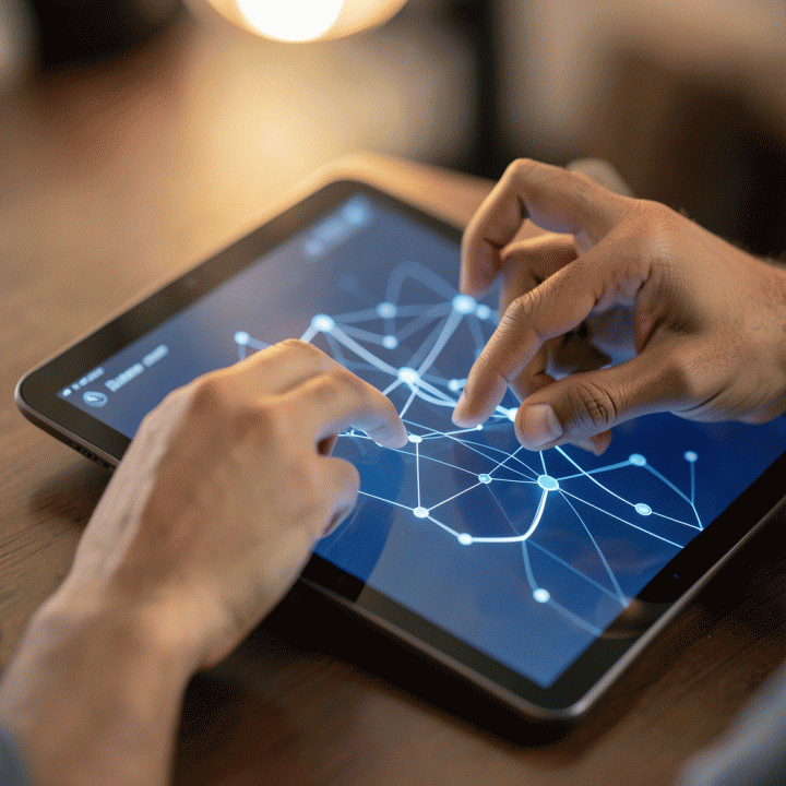 Tangan berinteraksi dengan tablet yang menampilkan visualisasi abstrak dari pikiran yang terorganisir, menunjukkan proses input data secara intuitif.