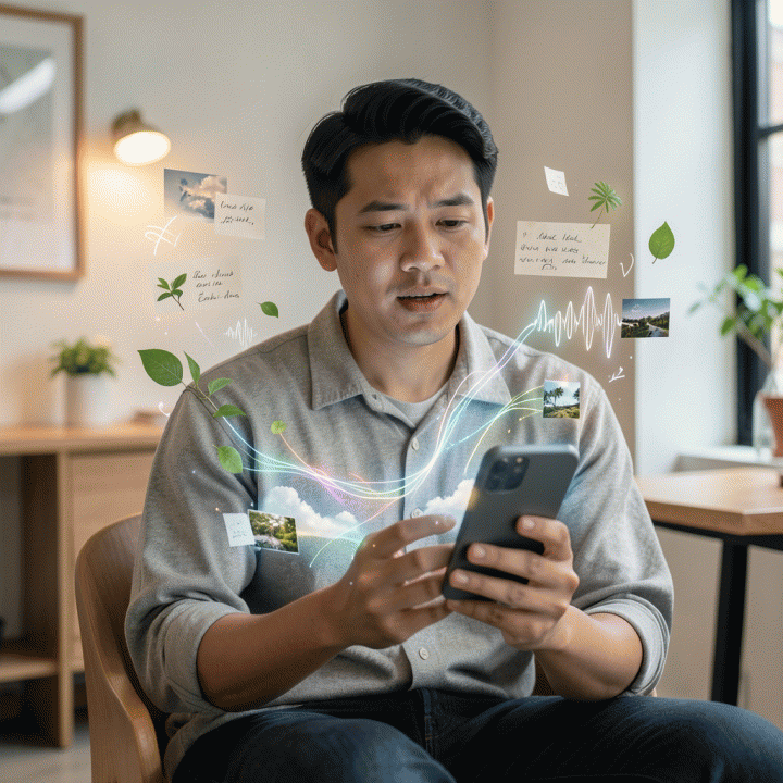 Seorang profesional Indonesia yang sedang merefleksikan pikiran di kafe, dengan visualisasi abstrak berupa gelombang suara dan gambar yang mengalir dari pikirannya ke smartphone, melambangkan proses penjurnalan digital yang terstruktur.